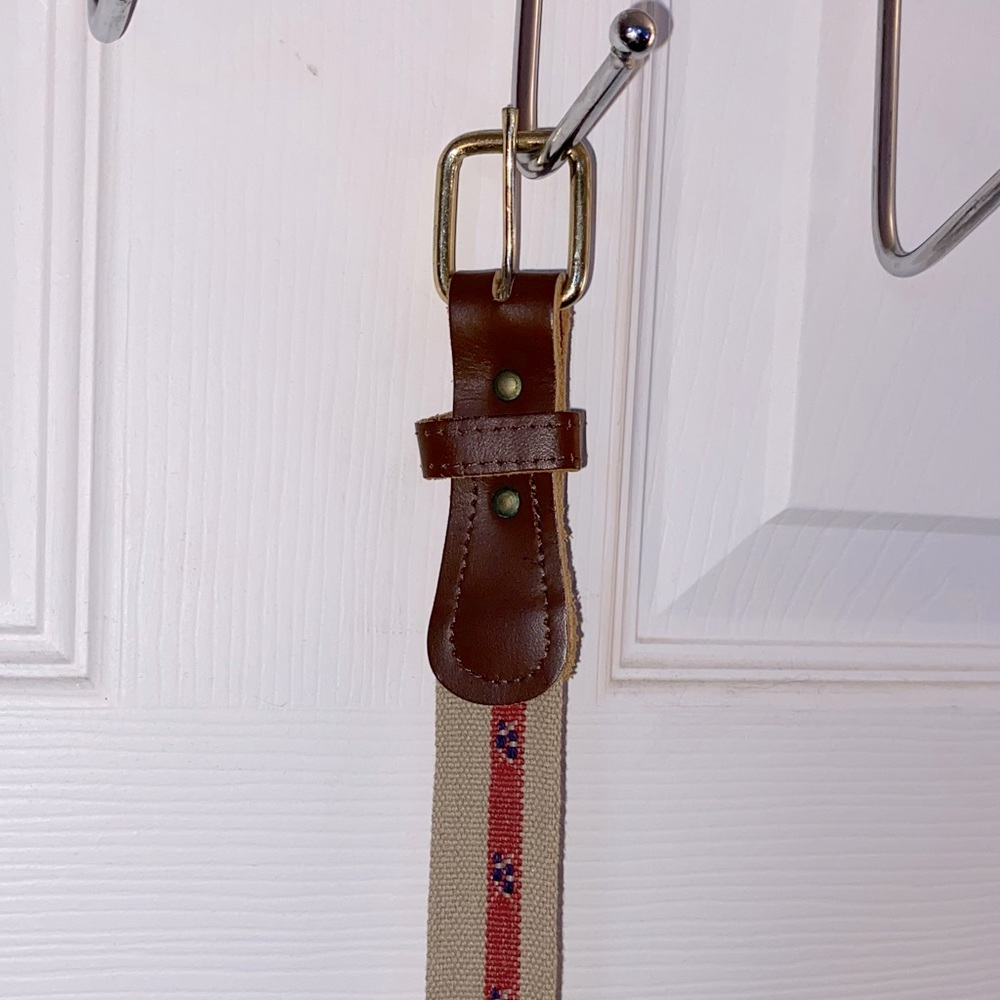 COPY - Vintage Genuine Brown Leather and Tan Woven Print Belt